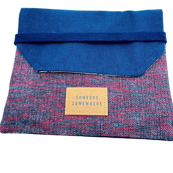Someone Somewhere Artisan Travel Pouch Gray Red Fabric Blue Fold Over Flap - Picture 1 of 9